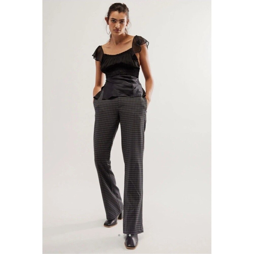 Free People Women's Jana Flare Trouser Pants Houndstooth Plaid Black Gray Sz 8